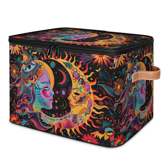 CURLYOOT Sun And Moon Boho Abstract Storage Bins with Lid, Decorative Fabric Storage Boxes, Foldable Closet Shelf Organizer Baskets for Bedroom, Living Room, Home