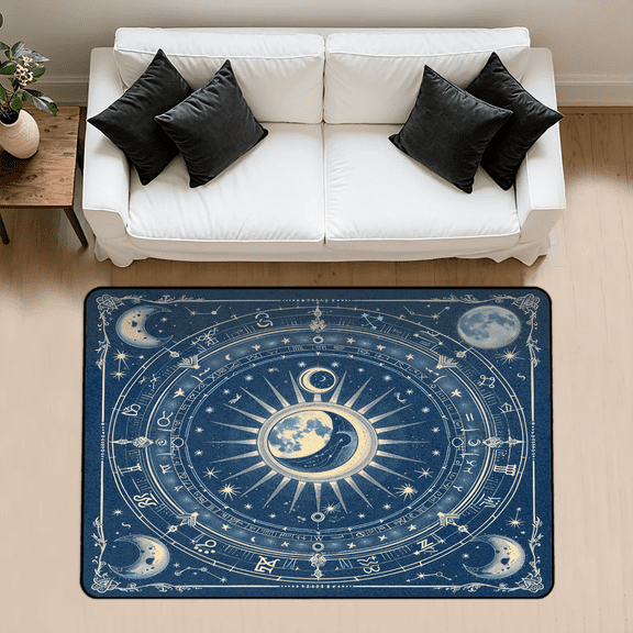CURLYOOT Sun And Moon Horoscope Circle Area Rug 3x5 Ft Rugs for Entryway Entrance Kitchen, Washable Non Slip Indoor Floor Carpet for Bedroom Living Room