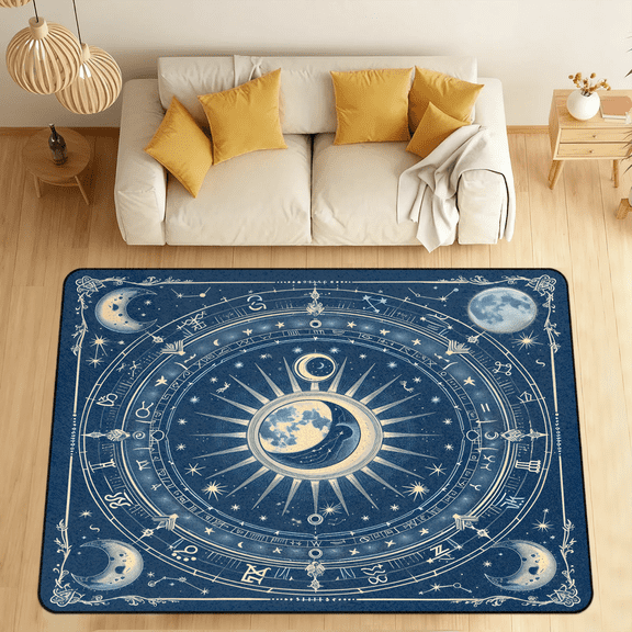CURLYOOT Sun And Moon Horoscope Circle Area Rugs for Living Room Bedroom, 4' 10" x 6' 8" Washable Rug, Floor Carpet with Non Slip Backing for Dining Room Indoor