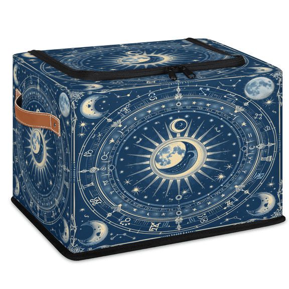 CURLYOOT Sun And Moon Horoscope Circle Storage Bin with Zipper Lid, Foldable Clothes Organizer Lidded Storage Baskets, Rectangular Box Closet Shelf Organizer for Living Room Bedroom Home