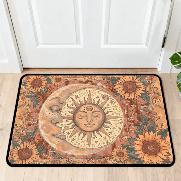 CURLYOOT Sun And Moon Sunflower Retro Front Door Mat, Washable Non-Slip Door Mat, Indoor Outdoor Floor Mats Absorbent Welcome Doormat for Entrance 20" x 30"