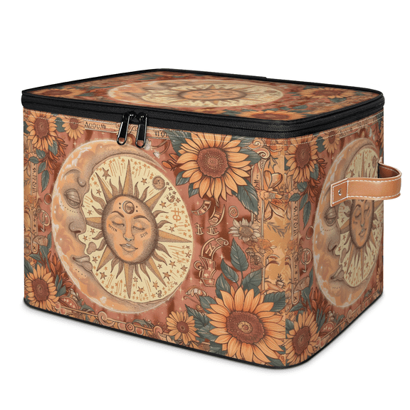 CURLYOOT Sun And Moon Sunflower Retro Storage Bins with Lid, Decorative Fabric Storage Boxes, Foldable Closet Shelf Organizer Baskets for Bedroom, Living Room, Home