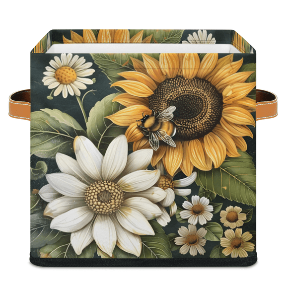 CURLYOOT Sunflower Cube Storage Bin 11 Inch Fabric Storage Cube for Shelves Decorative Yellow Sunflower Floral Bee Foldable Basket with Leather Handle for Closet Shelves Organizer