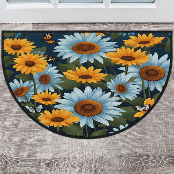 CURLYOOT Sunflower Daisy Half Round Door Mat 24'' x 36'', Indoor Outdoor Entrance Rug, Semi Circular Area Rug, Non Slip Washable Absorbent Doormat, Laundry Room Rug