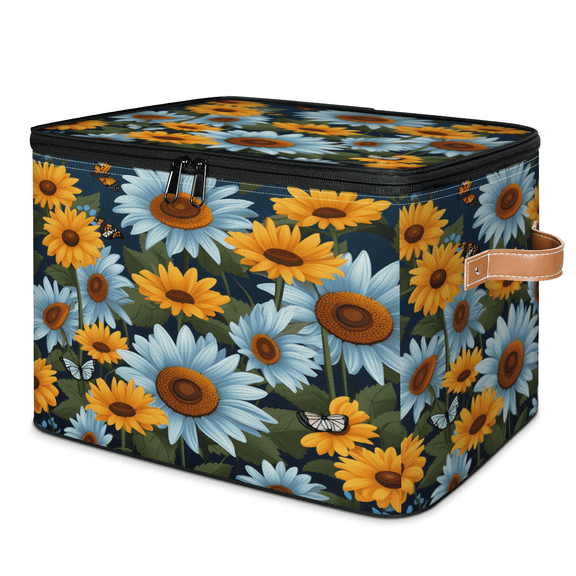 CURLYOOT Sunflower Daisy Storage Bin with Zipper Lid, Fabric Decorative Lidded Storage Baskets Boxes, Foldable Organizer Container Basket for Bedroom Closet Shelf