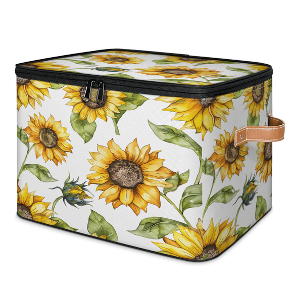 CURLYOOT Sunflower Fabric Storage Bins with Lids, Farmhouse Floral Foldable Storage Boxes Washable Storage Cube, Closet Bedroom Home Organizer Containers with PU Leather Handles