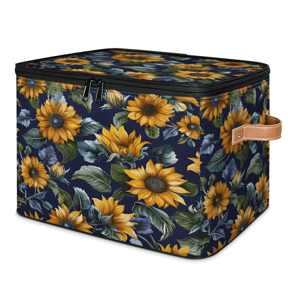 CURLYOOT Sunflower Fabric Storage Bins with Lids, Vintage Sunflower Foldable Storage Boxes Washable Storage Cube, Closet Bedroom Home Organizer Containers with PU Leather Handles