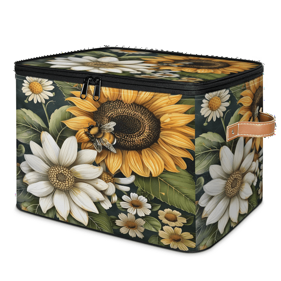 CURLYOOT Sunflower Fabric Storage Bins with Lids, Yellow Sunflower Floral Bee Foldable Storage Boxes Washable Storage Cube, Closet Bedroom Home Organizer Containers with Handles