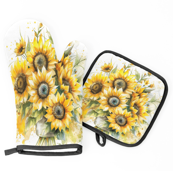 CURLYOOT Sunflower Oven Mitts and Pot Holders Sets of 2, Non-Slip Washable Floral Hot Pads and Oven Gloves for Kitchen Cooking Baking