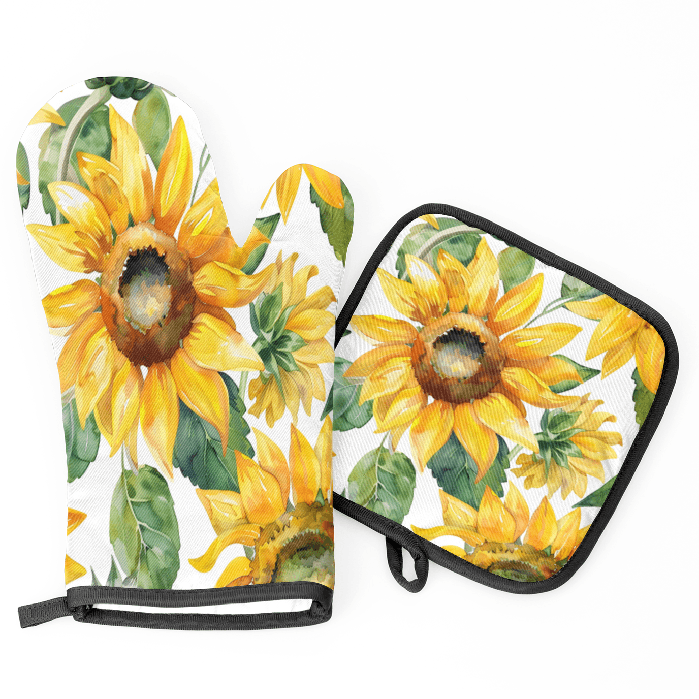 CURLYOOT Sunflower Oven Mitts and Pot Holders Sets of 2, Non-Slip Washable Watercolor Flowers Hot Pads and Oven Gloves for Kitchen Cooking Baking