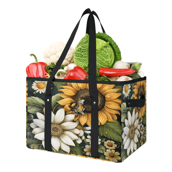 CURLYOOT Sunflower Reusable Grocery Bag, Large Foldable Grocery Totes Shopping Bag for Groceries, Yellow Sunflower Floral Bee Shopping Bags with Handles for Kitchen Trunk Picnic