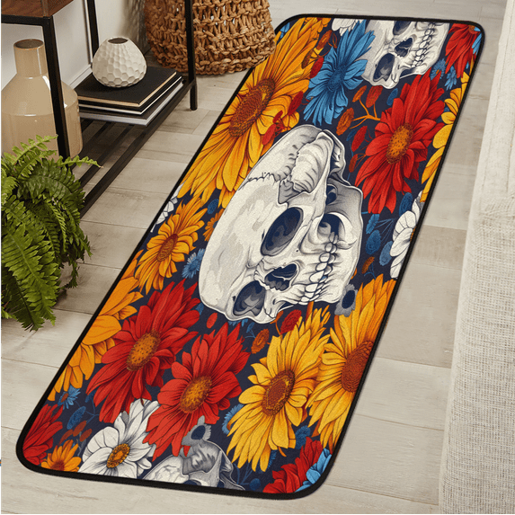 CURLYOOT Sunflower Skull Runner Rug 2'x6' Washable Kitchen Runner Rug Indoor Non Slip Laundry Rugs Spooky Halloween Floor Carpet for Hallway Kitchen Entryway Bedroom Living Room