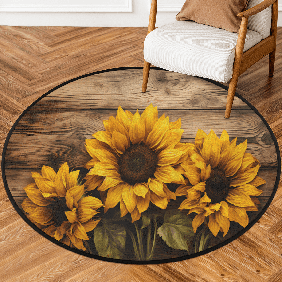 CURLYOOT Sunflower Wood Grain 5.2ft Round Rug for Living Room, Large ...