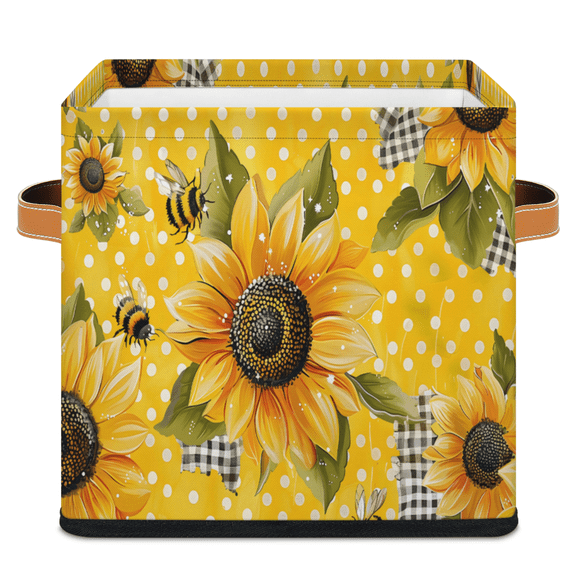 CURLYOOT Sunflower Yellow Bee Cutes 11 x 11 Inch Cube Storage Bin, Fabric Storage Cube Foldable Basket with Leather Handles, Organizer Basket for Closet Shelves