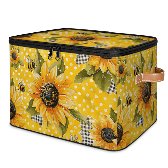 CURLYOOT Sunflower Yellow Bee Cutes Storage Bins with Lid, Decorative Fabric Storage Boxes, Foldable Closet Shelf Organizer Baskets for Bedroom, Living Room, Home