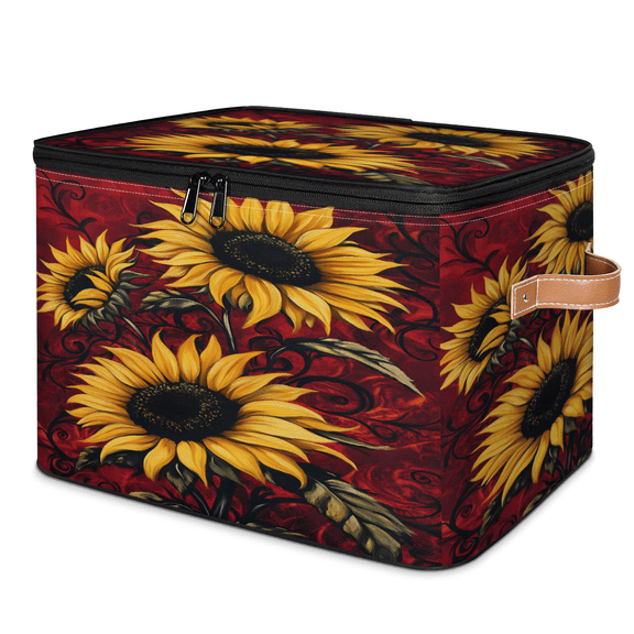 CURLYOOT Sunflower Yellow Floral Storage Bins with Lid, Decorative Fabric Storage Boxes, Foldable Closet Shelf Organizer Baskets for Bedroom, Living Room, Home