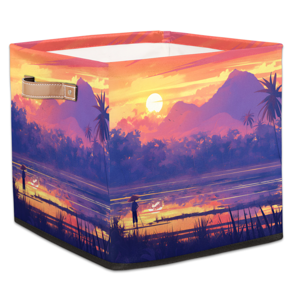 CURLYOOT Sunset Mountain Landscape Cube Storage Bin, 13 x 13 x 13 Storage Cube Bins for Organizing, Fabric Foldable Baskets with Handles for Closet, Shelves, Clothes