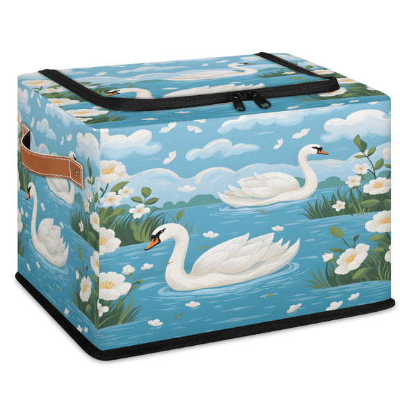 CURLYOOT Swan Storage Bin with Zipper Lid, Foldable Clothes Organizer Lidded Storage Baskets, Rectangular Box Closet Shelf Organizer for Living Room Bedroom Home
