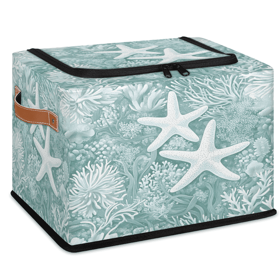 CURLYOOT Teal Coastal Nautical Theme Storage Bin With Zipper Lid, Foldable Clothes Organizer Lidded Storage Baskets, Rectangular Box Closet Shelf Container Organizer for Home Dorm