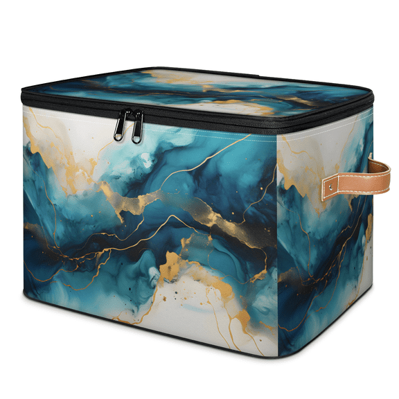 CURLYOOT Teal Gold Marble Waves Fabric Storage Bins with Lids, Foldable Storage Boxes Washable Storage Cube, Closet Bedroom Home Organizer Containers with PU Leather Handles