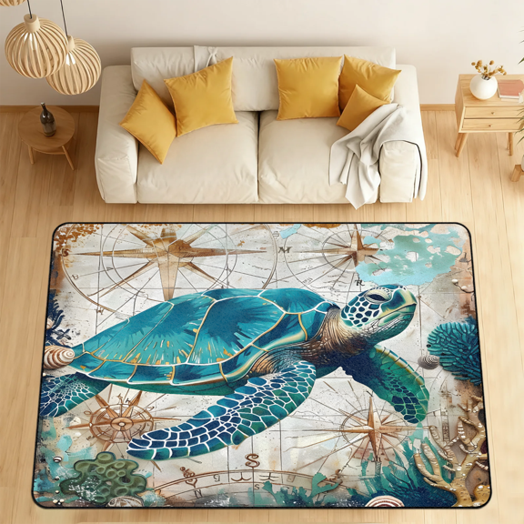 CURLYOOT Teal Turtle Retro Abstract Area Rugs for Living Room Bedroom, 4' 10" x 6' 8" Washable Rug, Floor Carpet with Non Slip Backing for Dining Room Indoor