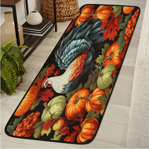 CURLYOOT Thanksgiving Runner Rug 2'x6' Washable Kitchen Runner Rug Indoor Non Slip Laundry Rugs Rooster Pumpkins Floor Carpet for Hallway Kitchen Entryway Bedroom Living Room