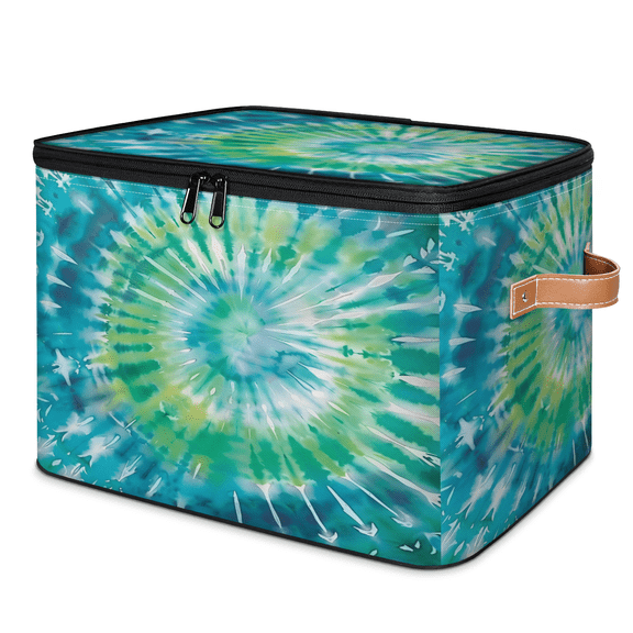 CURLYOOT Tie Dye Color Green Fabric Storage Bins with Lids, Foldable Storage Boxes Washable Storage Cube, Closet Bedroom Home Organizer Containers with PU Leather Handles