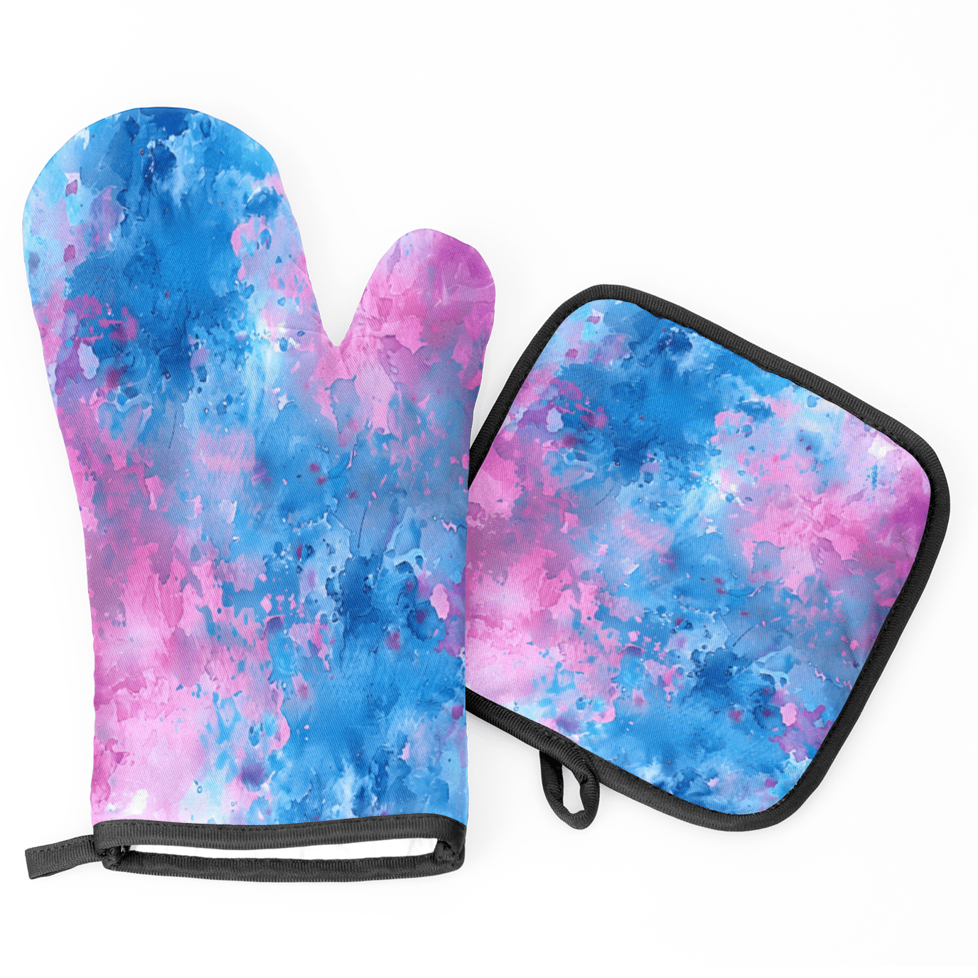 CURLYOOT Tie Dye Oven Mitts and Pot Holders Sets of 2, Non-Slip Washable Watercolor Textured Hot Pads and Oven Gloves for Kitchen Cooking Baking