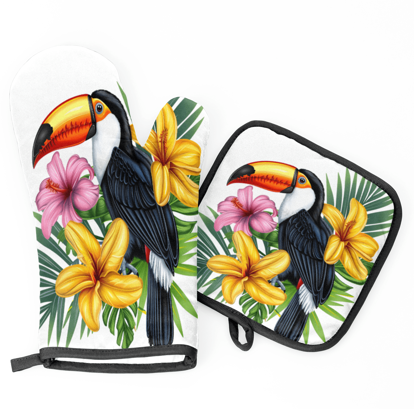 CURLYOOT Toucan Oven Mitts and Pot Holders Sets of 2, Non-Slip Washable Tropical Plant Flower Bird Hot Pads and Oven Gloves for Kitchen Cooking Baking