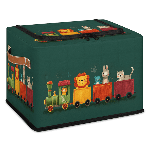 CURLYOOT Train Storage Bin with Zipper Lid, Lion Cat Animals Fabric Storage Basket with Handles, Decorative Foldable Storages Box Clothes Organizer for Closet, Shelf
