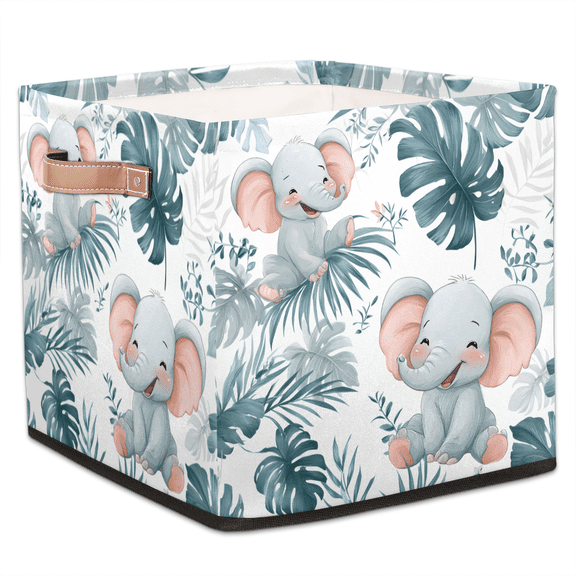 CURLYOOT Tropical Elephants Palm Leaf Cube Storage Bin, 13 x 13 x 13 Storage Cube Bins for Organizing, Fabric Foldable Closet Baskets with Handles for Closet, Shelves, Clothes