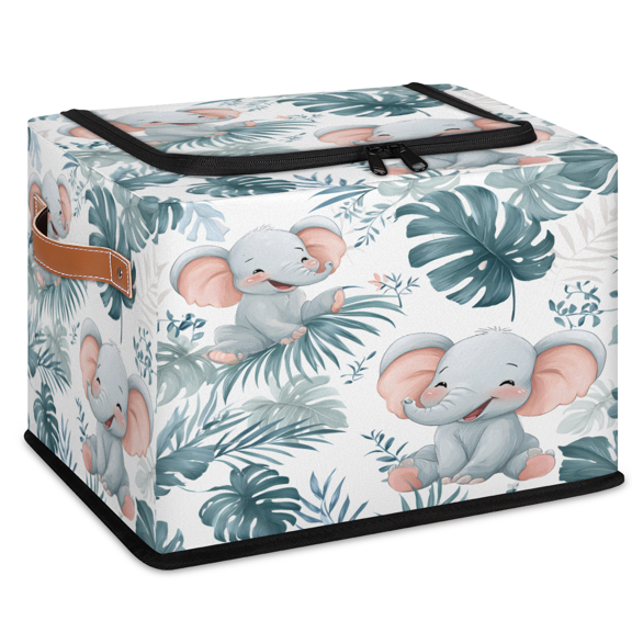 CURLYOOT Tropical Elephants Palm Leaf Storage Bin with Zipper Lid, Foldable Clothes Organizer Lidded Storage Baskets, Rectangular Box Closet Shelf Organizer for Living Room Bedroom Home