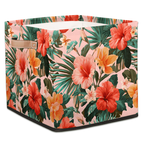CURLYOOT Tropical Flower Cube Storage Bin, 13 x 13 x 13 Storage Cube Bins for Organizing, Blossom Floral Fabric Foldable Closet Baskets with Handles for Closet, Shelves, Clothes