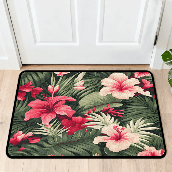 CURLYOOT Tropical Flowers Indoor Doormat, Non-Slip Absorbent Door Mat 24" x 16", Palm Leaves Entrance Floor Mat Washable Entry Doormats for Entryway Front Back Door