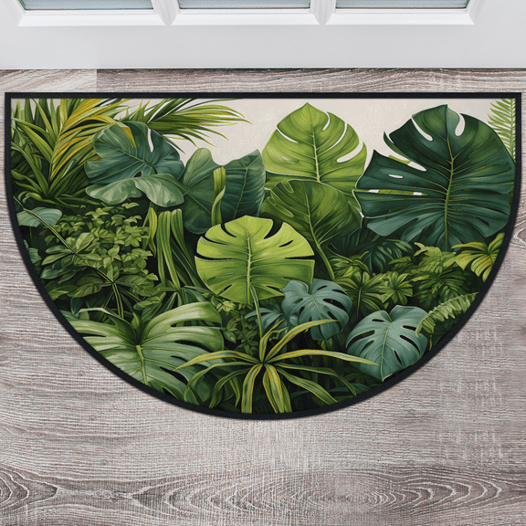 CURLYOOT Tropical Green Leaves Half Round Door Mat, Indoor Outdoor Entrance Rug, Semi Circular Area Rug, Non Slip Washable Absorbent Doormat, Laundry Room Rug 24'' x 36''