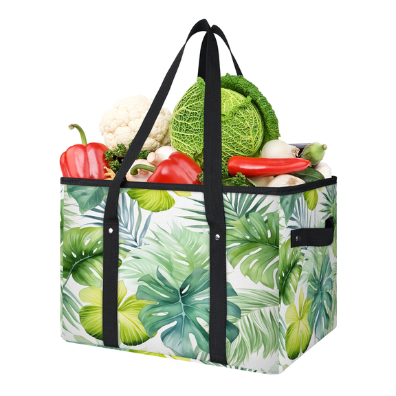 CURLYOOT Tropical Green Leaves Palm Leaf Reusable Grocery Bag, Foldable Shopping Tote Bag with Reinforced Handles, Large Kitchen Grocery Bags for Shopping Groceries Picnic