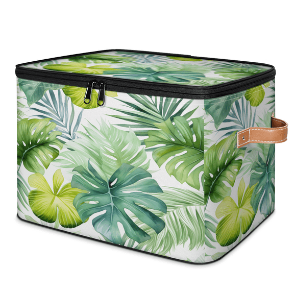 CURLYOOT Tropical Green Leaves Palm Leaf Storage Bin with Zipper Lid, Fabric Decorative Lidded Storage Baskets Boxes, Foldable Organizer Container Basket for Bedroom Closet Shelf
