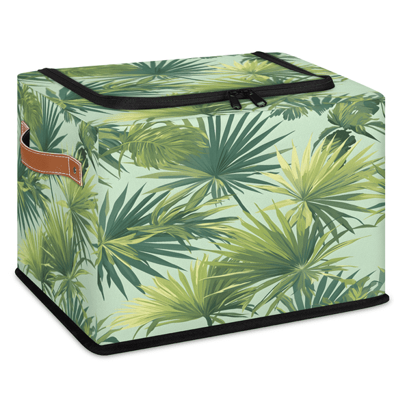 CURLYOOT Tropical Green Leaves Storage Bin with Zipper Lid, Summer Leaf Fabric Storage Basket with Handles, Decorative Foldable Storages Box Clothes Organizer for Closet, Shelf