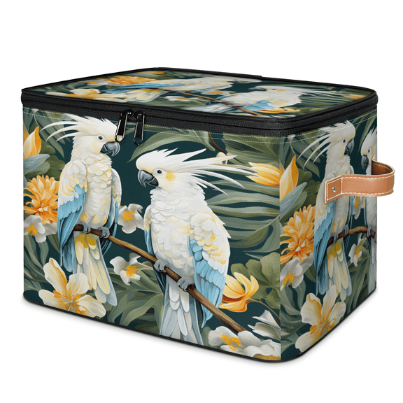 CURLYOOT Tropical Jungle Bird Parrot Storage Bin with Zipper Lid, Fabric Decorative Lidded Storage Baskets Boxes, Foldable Organizer Container Basket for Bedroom Closet Shelf