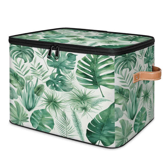 CURLYOOT Tropical Leaves Green Palm Leaf Storage Bin with Zipper Lid, Fabric Decorative Lidded Storage Baskets Boxes, Foldable Organizer Container Basket for Bedroom Closet Shelf