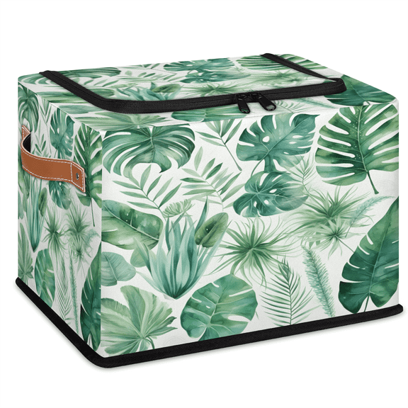 CURLYOOT Tropical Leaves Green Palm Leaf Storage Bin with Zipper Lid, Foldable Clothes Organizer Lidded Storage Baskets, Rectangular Box Closet Shelf Organizer for Living Room Bedroom Home