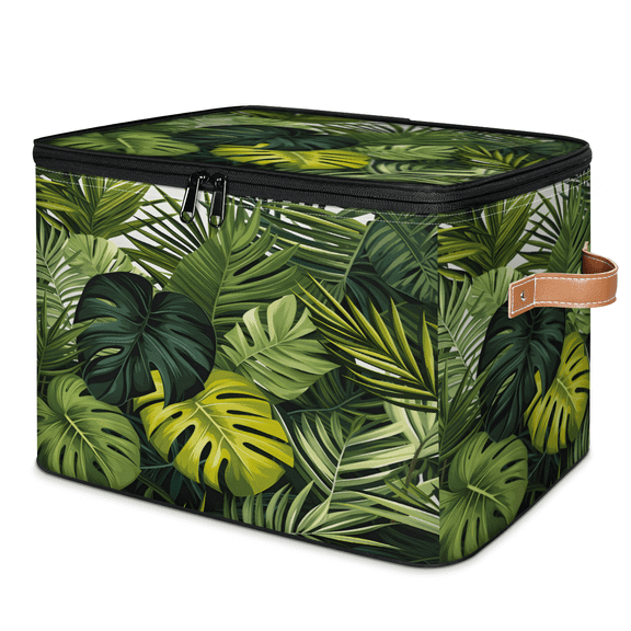 CURLYOOT Tropical Leaves Jungle Storage Bin with Zipper Lid, Fabric Decorative Lidded Storage Baskets Boxes, Foldable Organizer Container Basket for Bedroom Closet Shelf