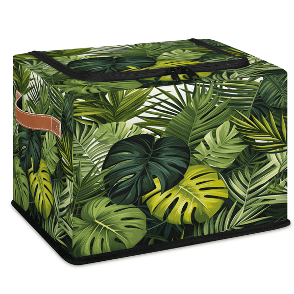 CURLYOOT Tropical Leaves Jungle Storage Bin with Zipper Lid, Foldable Clothes Organizer Lidded Storage Baskets, Rectangular Box Closet Shelf Organizer for Living Room Bedroom Home