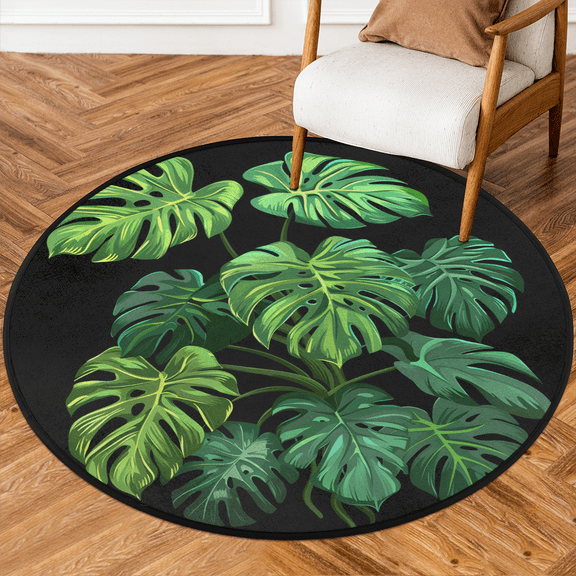 CURLYOOT Tropical Palm Leaves 5.2ft Round Rug for Living Room, Large Washable Area Rug, Non Slip Floor Mat Green Palm Monstera Leaf Indoor Rugs for Bedroom, Dining Room, Offices, Entryway
