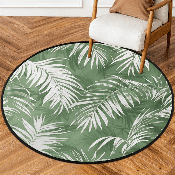 CURLYOOT Tropical Palm Leaves Green Plant 5.2ft Round Rug for Living Room, Large Washable Area Rug, Non Slip Floor Mat Indoor Rugs for Bedroom, Dining Room, Offices, Entryway