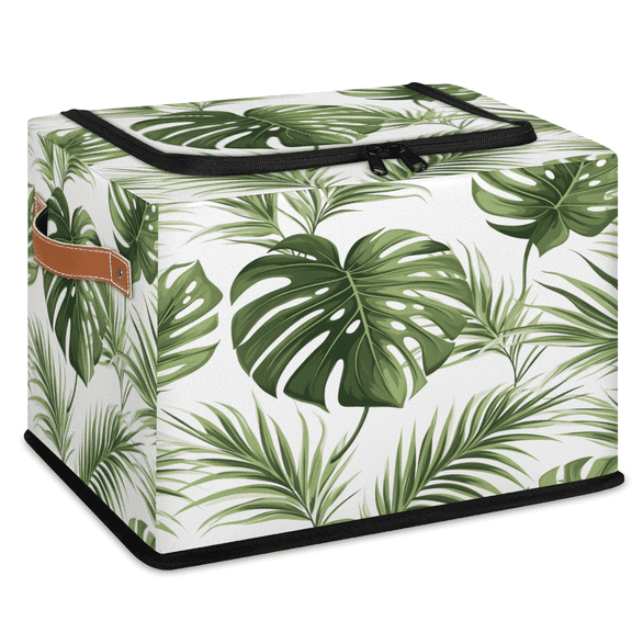 CURLYOOT Tropical Palm Leaves Plant Storage Bin with Zipper Lid, Foldable Clothes Organizer Lidded Storage Baskets, Rectangular Box Closet Shelf Organizer for Living Room Bedroom Home