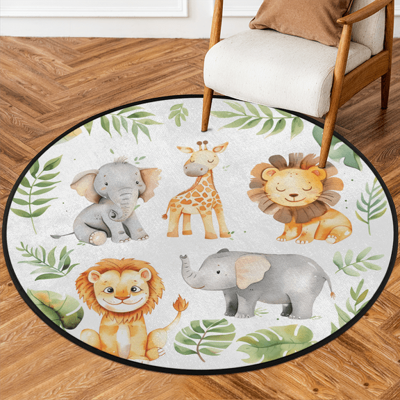 CURLYOOT Tropical Rainforest Jungle Elephant Giraffe Lion 5.2ft Round Rug for Living Room, Large Washable Area Rug, Non Slip Floor Mat Indoor Rugs for Bedroom, Dining Room, Offices, Entryway