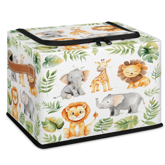 CURLYOOT Tropical Rainforest Jungle Elephant Giraffe Lion Storage Bin With Zipper Lid, Foldable Clothes Organizer Lidded Storage Baskets, Rectangular Box Closet Shelf Organizer