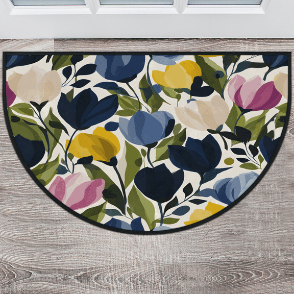 CURLYOOT Tulip Half Round Door Mat 24'' x 36'', Indoor Outdoor Entrance Rug, Semi Circular Area Rug, Non Slip Washable Absorbent Doormat, Boho Floral Laundry Room Rug