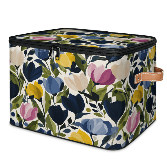 CURLYOOT Tulip Storage Bins with Lid, Decorative Fabric Closet Boxes with Lids, Boho Floral Foldable Storage Baskets Shelves Container Organizers for Bedroom, Living Room, Dorm